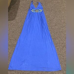 EUC! Elegant Blue Maxi Dress Forever M rhinestone stud spaghetti halter bra